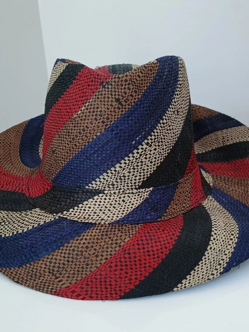 Lightweight raffia fedora hat made in Madagascar, red, blue